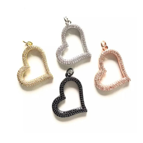 Cubic Zirconia Micro Pave Hollow Heart Pendant/Charm - Silver, Gold, Rose Gold, Black Finishes - 25x28mm Heart Charm