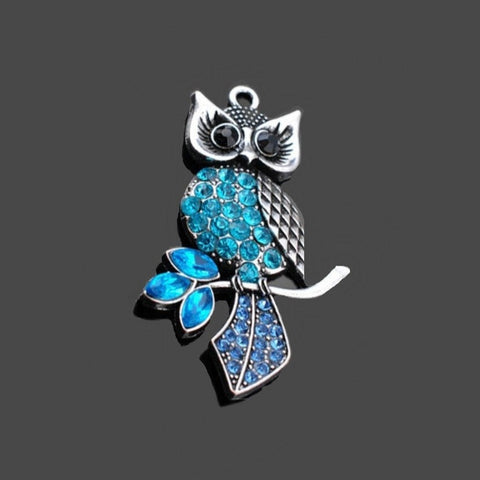 Owl Pendant with Blue Rhinestones - Antique Silver