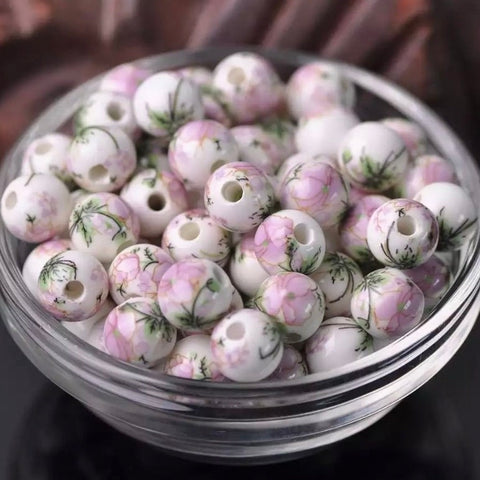 10 Ceramic Beads - 10mm Light Purple Floral Beads
