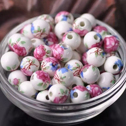 10 Ceramic Beads - 10mm Rose flower with a touch of blue and green