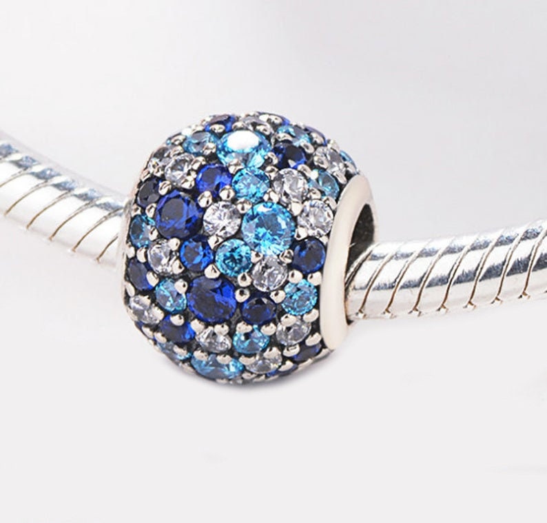 925 Sterling Silver - Blue and Clear CZ Pavé Ball Charm - Fits Pandora