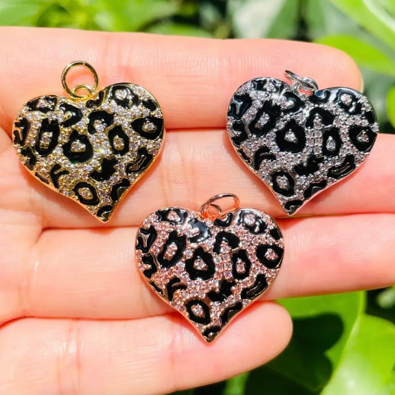 Cubic Zirconia Micro Pave Heart Pendant/Charm - Enameled Leopard