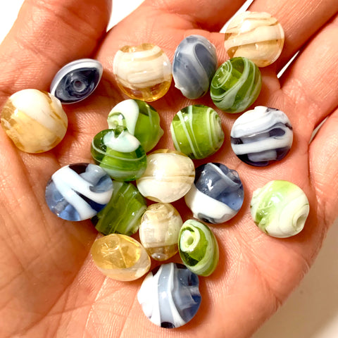 5 Murano Glass Beads - 12mm Lamp work Beads - Handmade, Striped Glass, Flat Round Beads - Available in 3 Colors