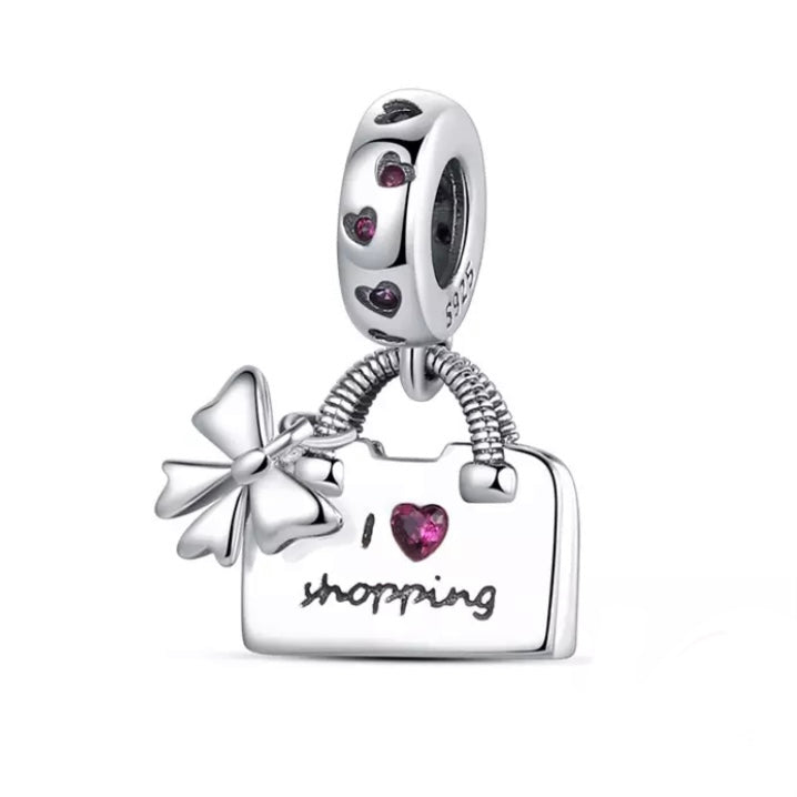 925 Sterling Silver - I Love Shopping Dangle Charm - Fits Pandora