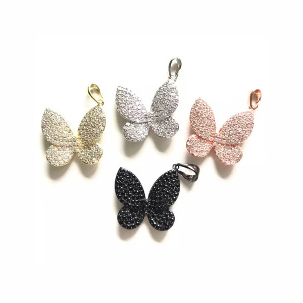 Cubic Zirconia Micro Pave Butterfly Pendant/Charm - Silver, Gold, Rose Gold, Black Finishes - 23mm Butterfly Charm