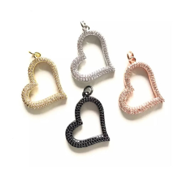 Cubic Zirconia Micro Pave Hollow Heart Pendant/Charm - Silver, Gold, Rose Gold, Black Finishes - 25x28mm Heart Charm