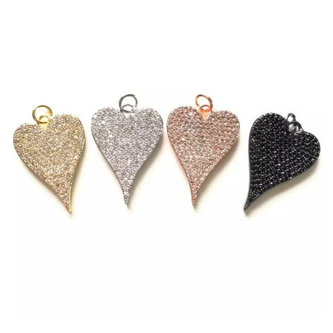 Cubic Zirconia Micro Pave Long Heart Pendant/Charm - Silver, Gold, Rose Gold, Black Finishes - 18x25mm Heart Charm