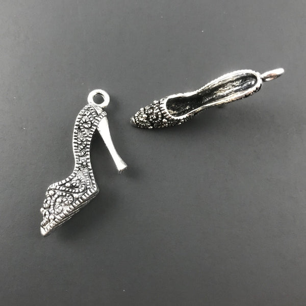 2 Large High Heal Shoe Charms - Antique Silver - 3D