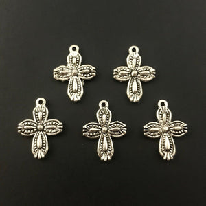 20 Small Cross Charms - Beautiful Beaded Design - Antique Silver