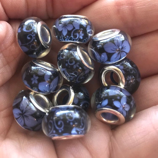 5 Pandora Style Gardenia Flower Glass/Resin Murano Charm Beads