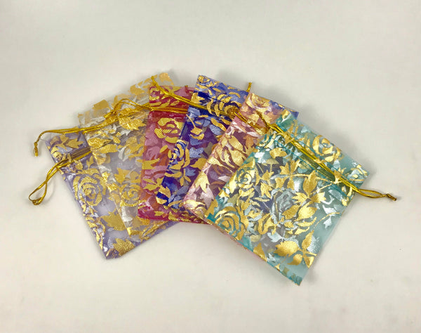 20 Organza Gift Bags With Gold Roses - Jewelry Pouch - Small Wedding Favor Bags - 7x9cm