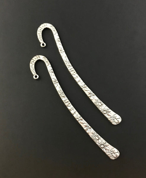 2 Long Bookmark Blanks - Antique Silver - Raised Floral Pattern - Double Sided with Loop Hole