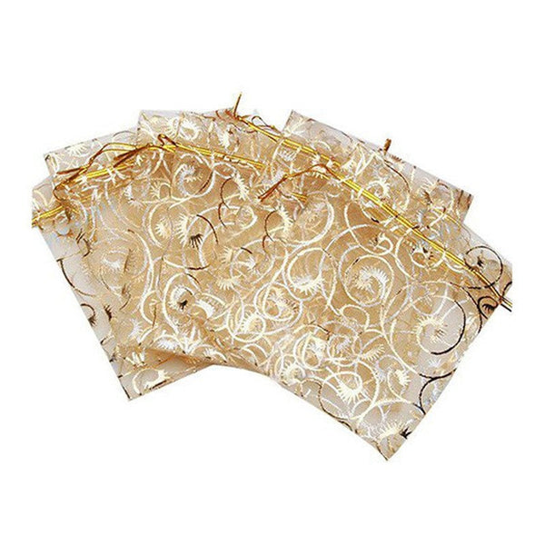 Organza Gift Bags With Gold Swirls - Jewelry Pouch - Small Wedding Favor Bags - 9x12cm