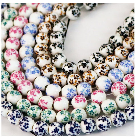 10 Ceramic Beads - 10mm Round Floral Ceramic Beads - 9 Colors Available
