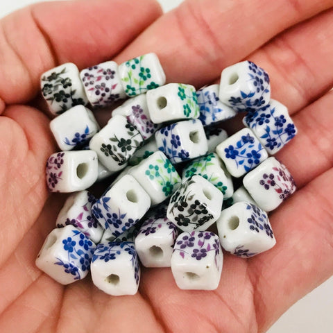 5 Ceramic Floral Square Beads - 7mm - Available in 4 Colors