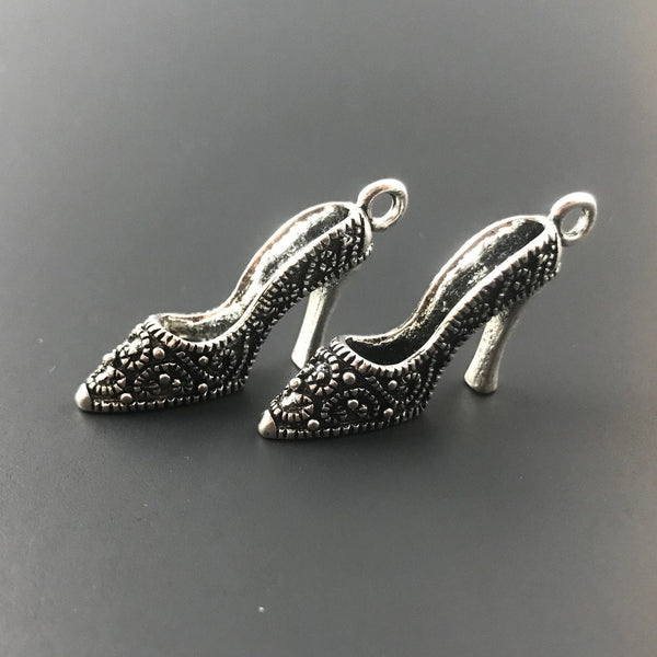 2 Large High Heal Shoe Charms - Antique Silver - 3D
