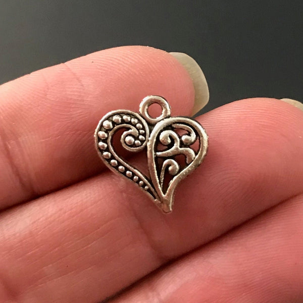 10 Decorative Heart Charms - Antique Silver - Scroll Design