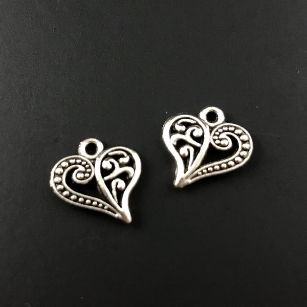 10 Decorative Heart Charms - Antique Silver - Scroll Design
