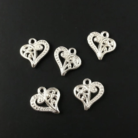 10 Decorative Heart Charms - Bright Silver