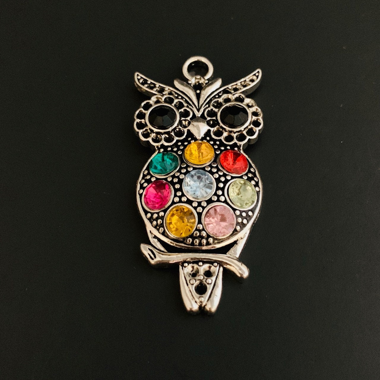 Owl Pendant with Multi-color Rhinestones - Antique Silver