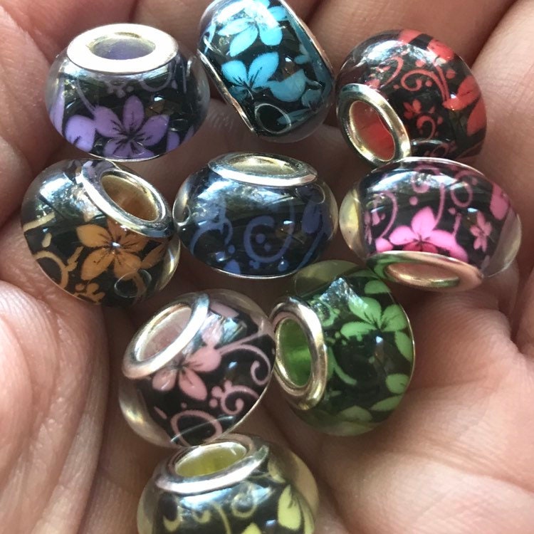 5 Pandora Style Gardenia Flower Glass/Resin Murano Charm Beads