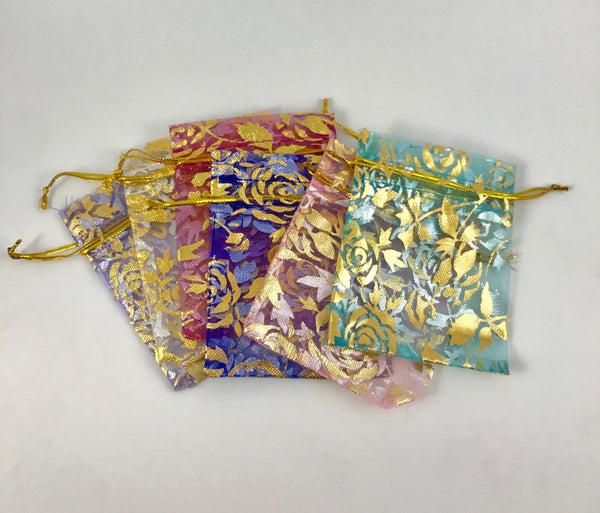 10 Organza Gift Bags With Gold Roses - Jewelry Pouch - Small Wedding Favor Bags - 7x9cm
