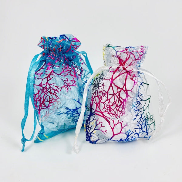 10 Organza Gift Bags With Coral Design - Blue or White Background - Jewelry Pouch - Wedding Favor Bags - 7x9cm