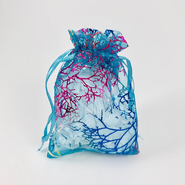 10 Organza Gift Bags With Coral Design - Blue or White Background - Jewelry Pouch - Wedding Favor Bags - 7x9cm