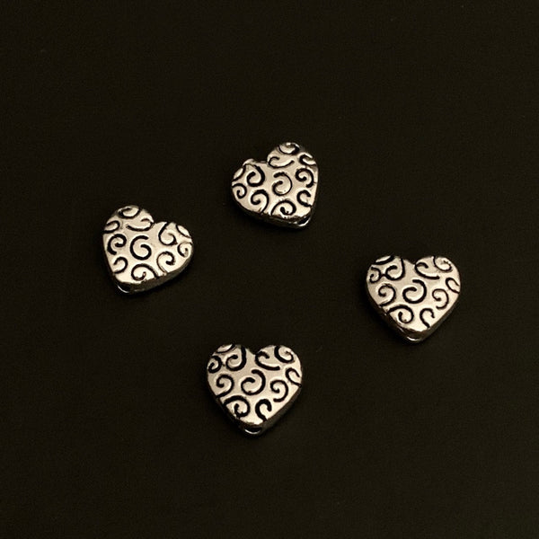 10 Heart Spacer Beads - Beautiful Scroll Design - Antique Silver - 10x8mm
