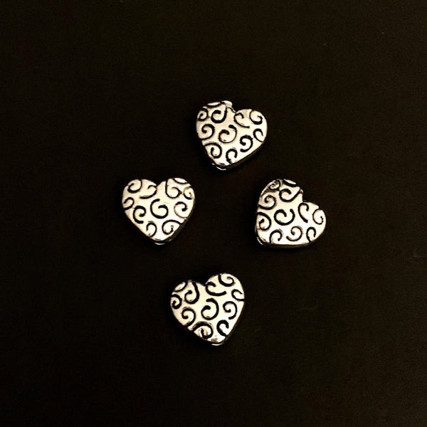 10 Heart Spacer Beads - Beautiful Scroll Design - Antique Silver - 10x8mm