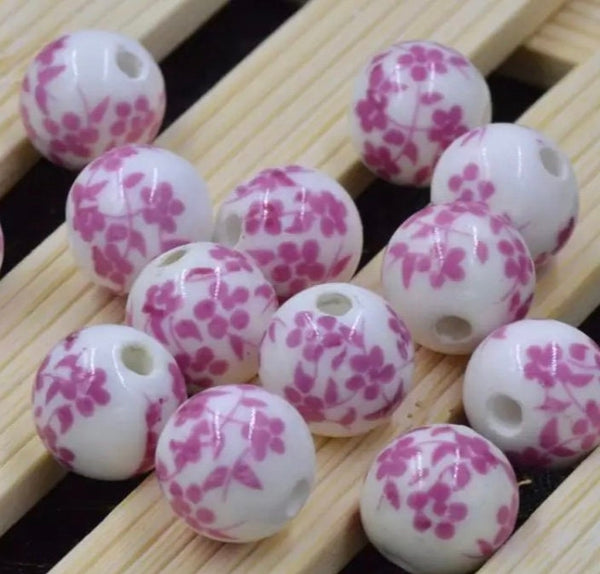 10 Ceramic Beads - 10mm Round Floral Ceramic Beads - 9 Colors Available