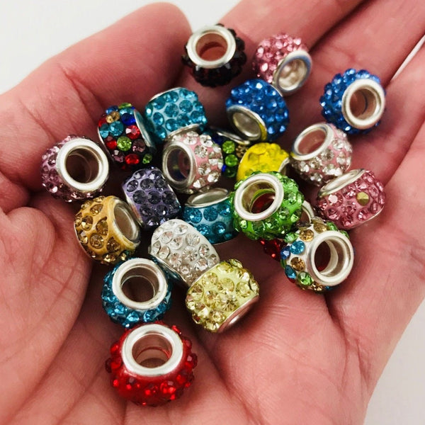 5 Rhinestone Beads - 10mm Large Hole Beads