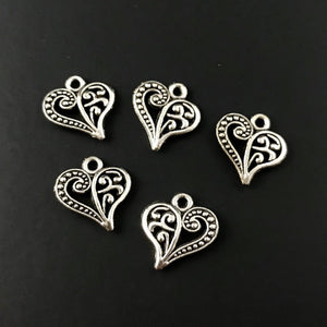 10 Decorative Heart Charms - Antique Silver - Scroll Design