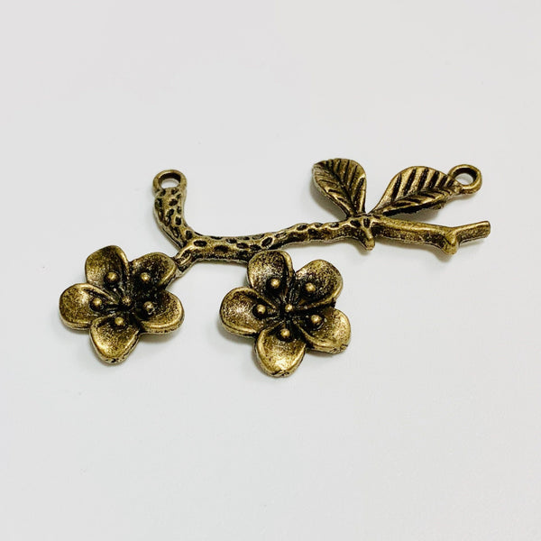 2 Flower Connector Charms - Bronze Finish - Flowers on a Branch Connector Charm