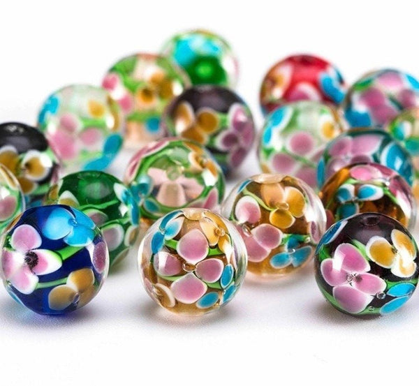 12mm Floral Lampwork Glass Beads - Mixed Lot