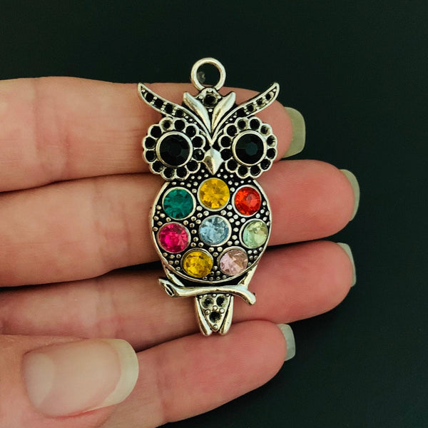 Owl Pendant with Multi-color Rhinestones - Antique Silver