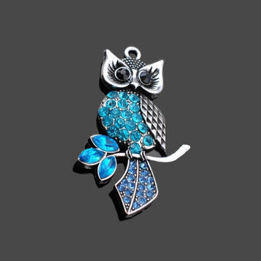 Owl Pendant with Blue Rhinestones - Antique Silver