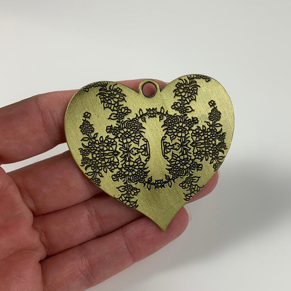 Heart Pendant - Tibetan Style Carved Flower Heart - Antique Bronze Tone