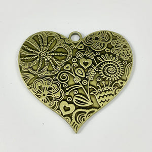Heart Pendant - Tibetan Style Carved Flower Heart - Antique Bronze Tone