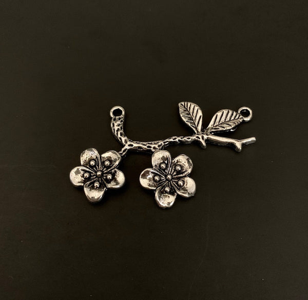 2 Flower Connector Charms - Antique Silver - Flowers on a Branch Connector