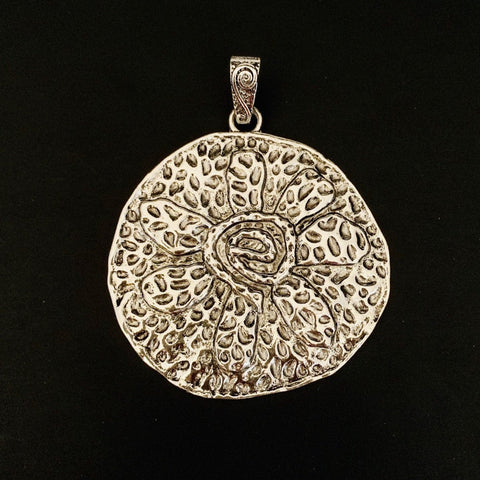 Large Hammered Irregular Round Flower Pendant - Antique Silver