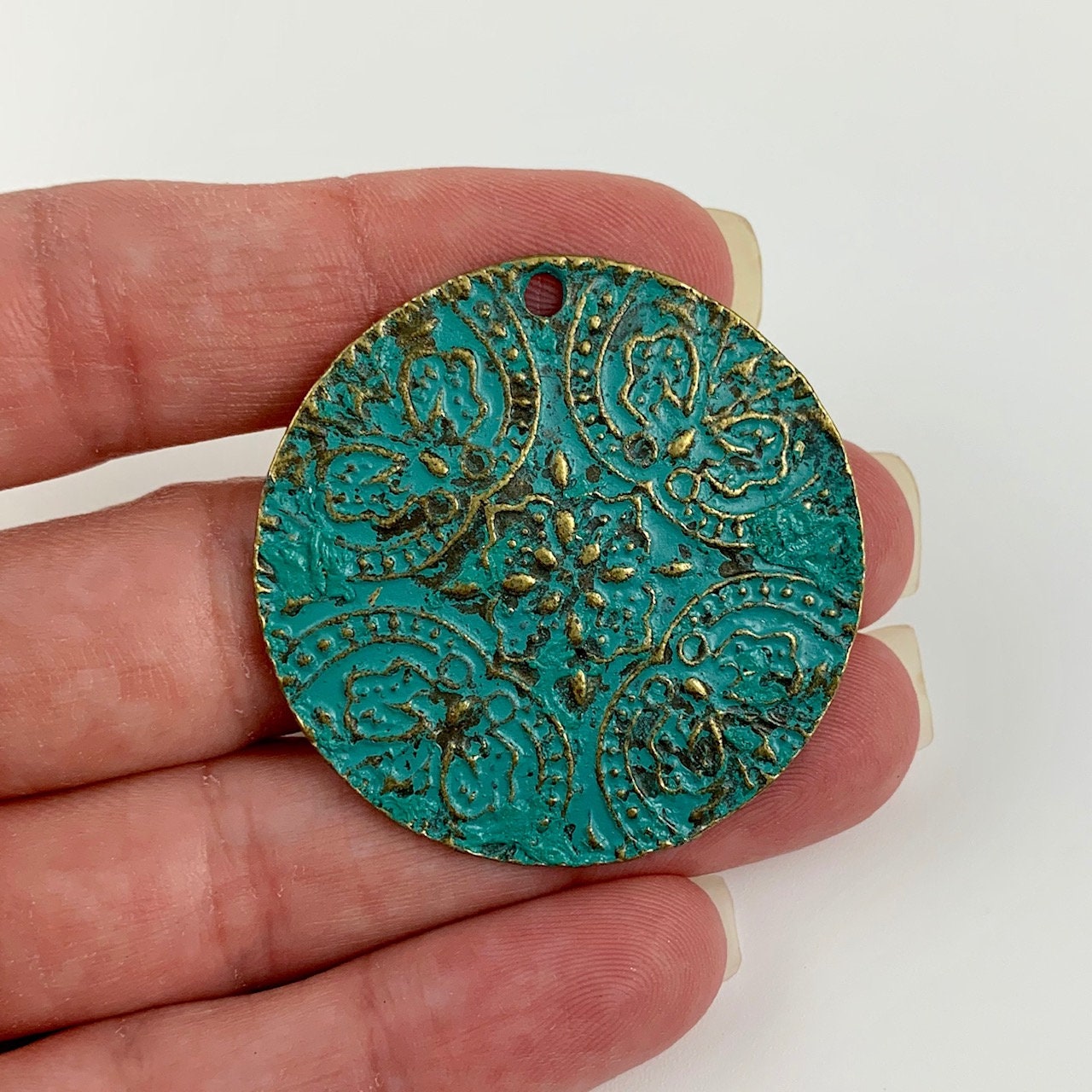 Round Filigree Pendant - Verdigris Patina Finish