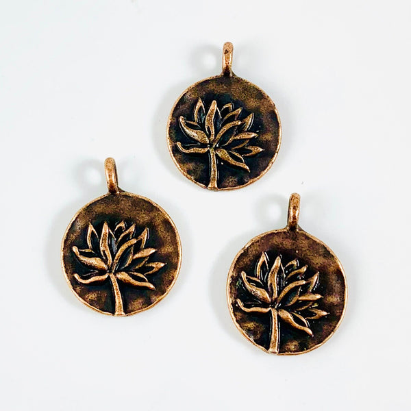4 Copper Lotus Charms - Round