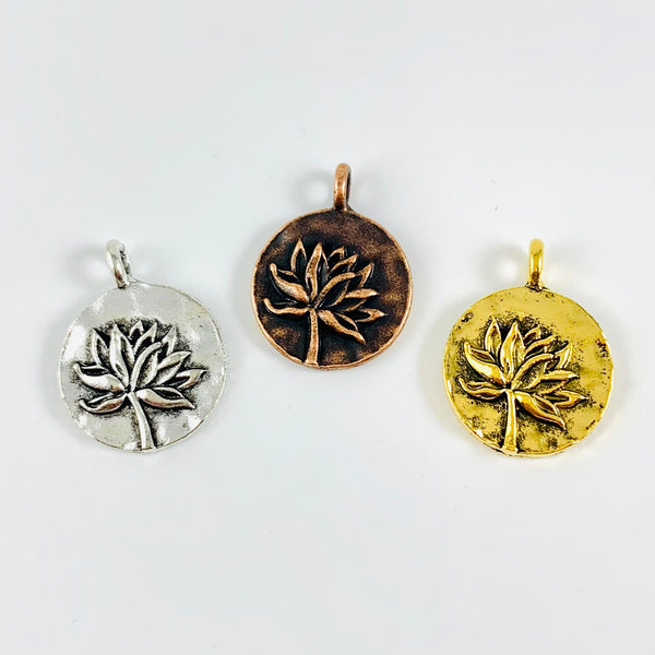 4 Bronze Lotus Charms - Round