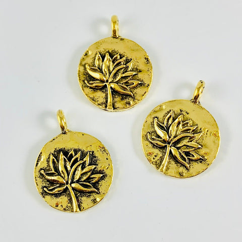 4 Gold Lotus Charms - Round