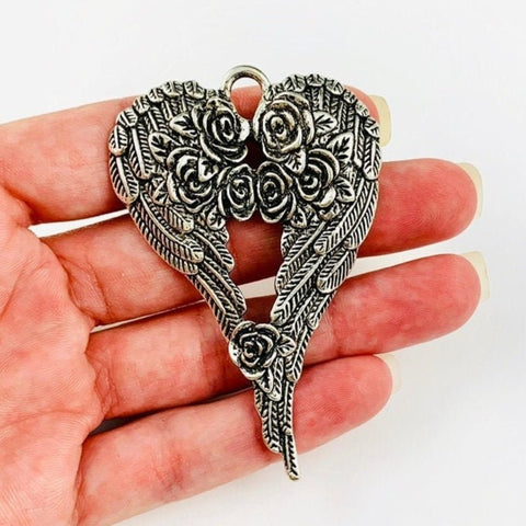 Large Wings with Roses Pendant - Antique Silver