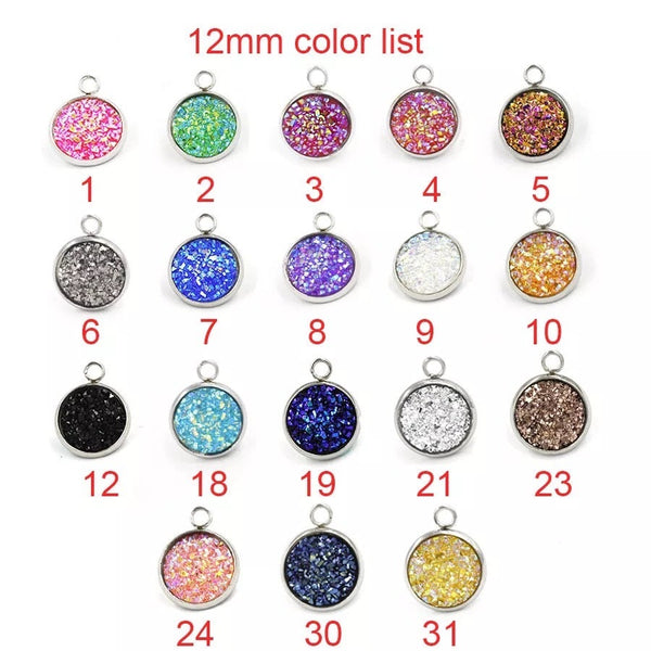 10 Druzy Charms - 12mm Silver Charm with Faux Druzy - 18 colors Available