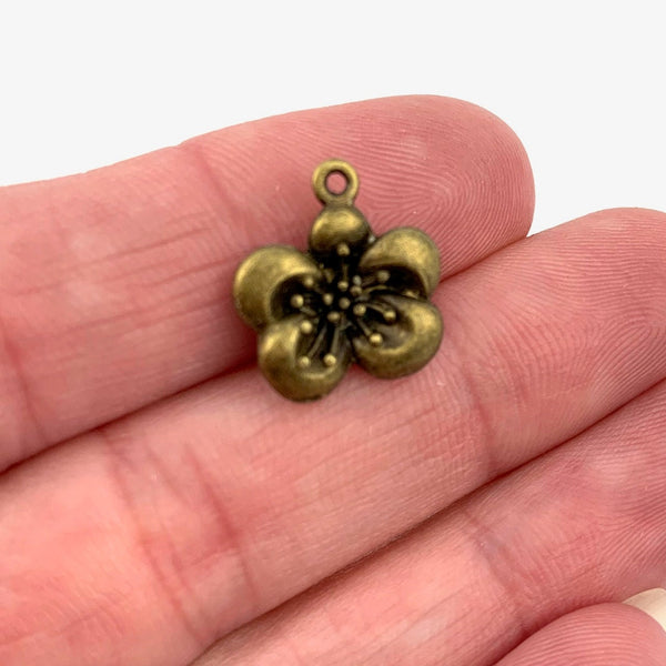 10 Flower Charms - Antique Bronze - 3D Hibiscus Flower Charm