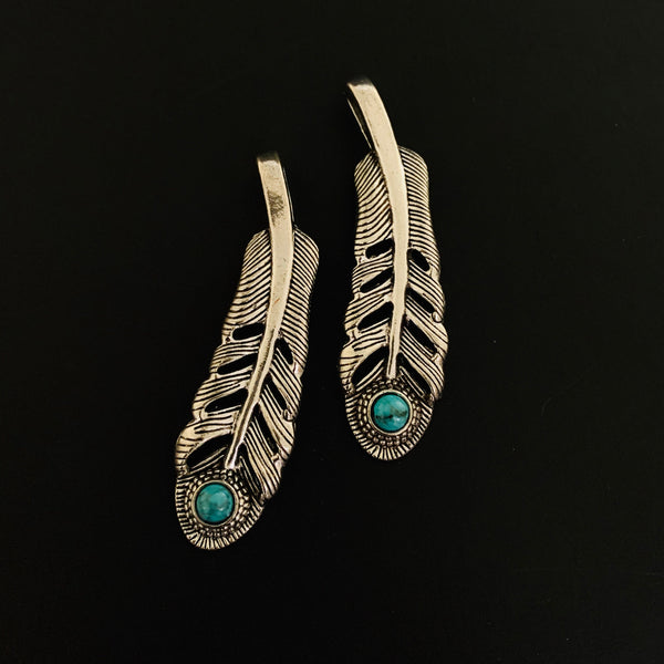 2 Feather Charms with Turquoise Stone - Antique Silver