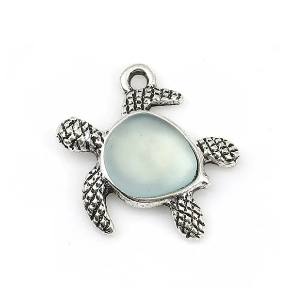 5 Sea Turtle Charms - Antique Silver with Resin Inlay